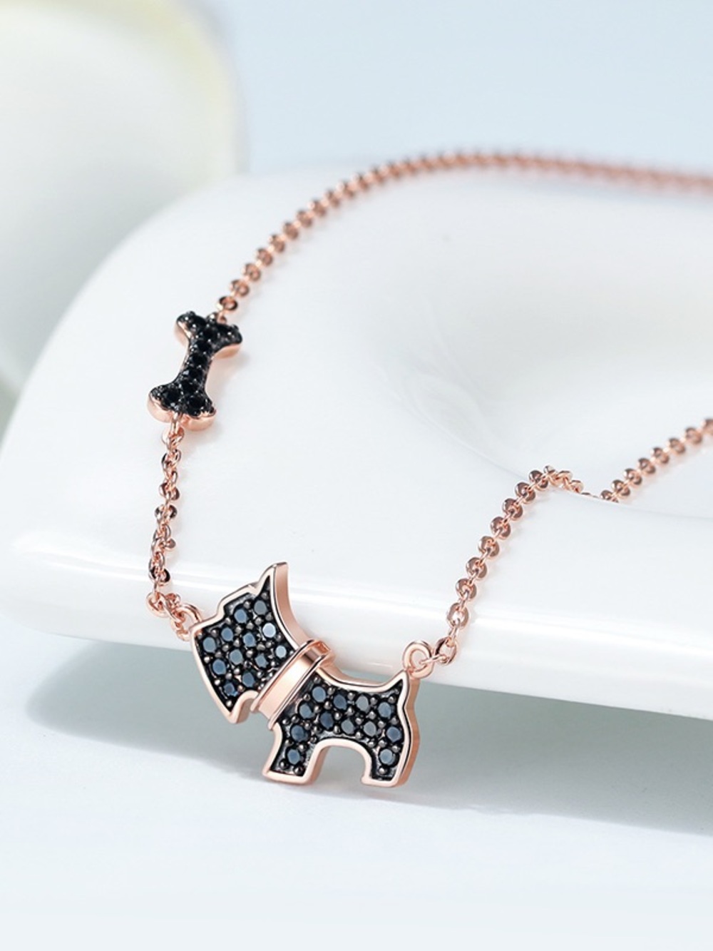 Genuine 925 Sterling Silver Pooch & Bone Necklace | Rose Gold |